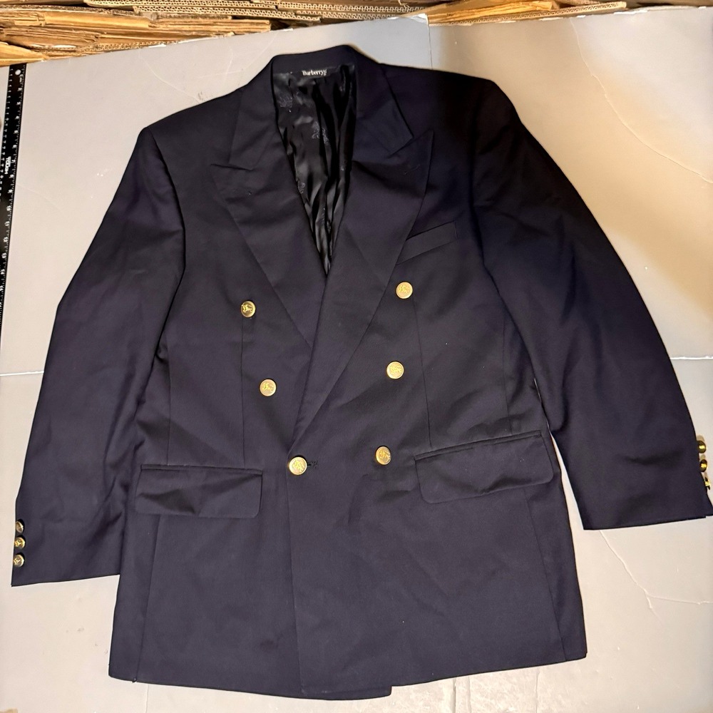 Burberry's Double Breasted Blazer Jacket Navy Blue Gold Buttons Vintage Mens